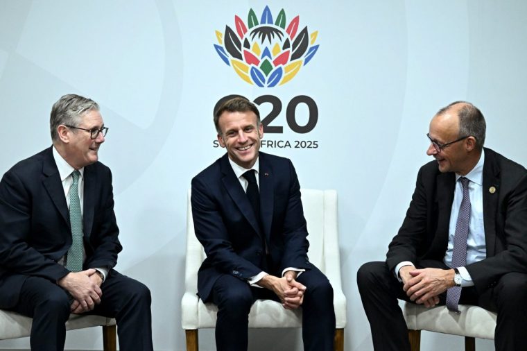 (left to right) Prime Minister Sir Keir Starmer, France's President Emmanuel Macron and German Chancellor Friedrich Merz during a trilateral meeting at the G20 summit in Johannesburg, South Africa. Picture date: Saturday November 22, 2025. PA Photo. Photo credit should read: Leon Neal/PA Wire