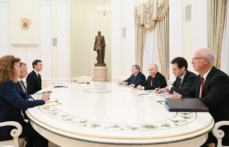 Vladimir Putin and his team meeting US special envoy Steve Witkoff and Donald Trump's son-in-law Jared Kushner at the Kremlin this week (Photo: Kristina Kormilitsyna / POOL / AFP via Getty Images)