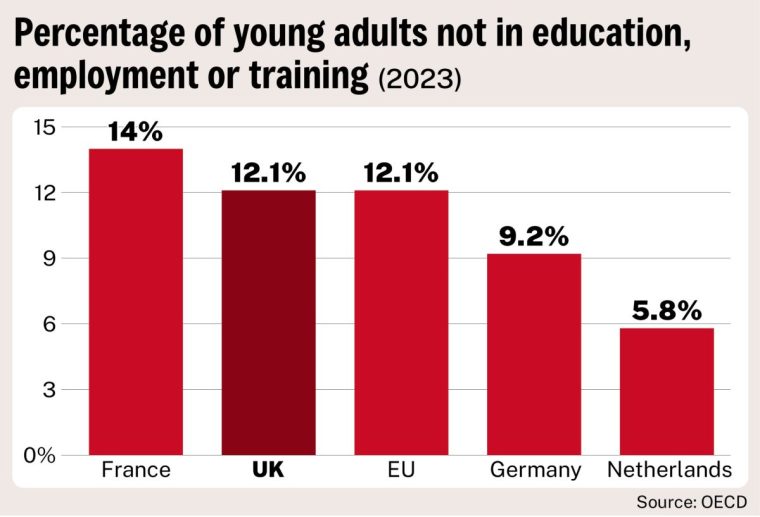 Graph showing the percentage of young adult not in education, employment or training across France, the UK, EU, Germany and the Netherlands in 2023