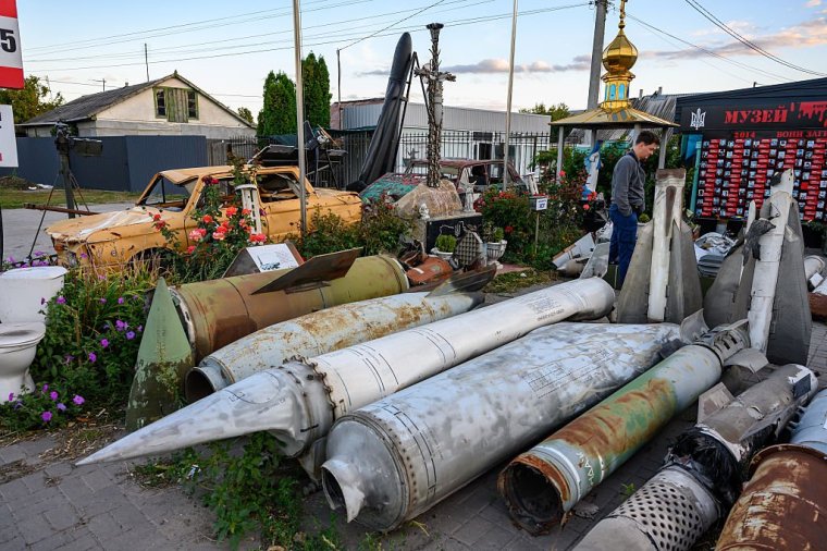 PAVLOHRAD, UKRAINE - SEPTEMBER 20: A collection of Russian missiles, drones, vehicles, and other artifacts of Russia's invasion of Ukraine are displayed on the street at a makeshift museum on September 20, 2025 in Pavlohrad, Ukraine. Russia has made incremental battlefield gains on this portion of the front, as Moscow pushes to control all of the Donetsk region, 3 1/2 years after launching a full-scale attack against Ukraine. (Photo by Scott Peterson/Getty Images)