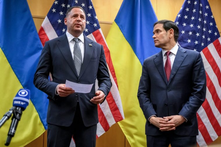 US Secretary of State Marco Rubio (R) and Ukraine's Presidential Office Chief of staff Andriy Yermak hold a press conference following their closed-door talks on a US plan to end the war in Ukraine at the US Mission in Geneva, on November 23, 2025. US Secretary of State Marco Rubio arrived in Geneva on November 23, 2025 morning for discussions on a US plan to end the Ukraine war, after Washington signalled room for negotiation on the controversial proposal. Ukrainian, European and Canadian officials were also gathering in the Swiss city. (Photo by Fabrice COFFRINI / AFP via Getty Images)