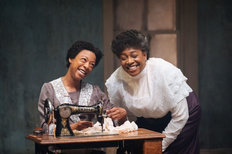 INTIMATE APPAREL by Lynn Nottage ; Production ; Cast: Samira Wiley, Nicola Hughes, Claudia Jolly, Kadiff Kirwan, Faith Omole & Alex Waldmann Director: Lynette Linton ; Set and Costume Designer: Alex Berry ; Lighting Designer: Jai Morjaria ; Sound Designer: George Dennis ; Hair, Wigs & Make-Up Designer: Cynthia De La Rosa ; Composer and Musical Director: XANA ; Video Designer: Gino Ricardo Green ; Movement and Intimacy Coordinator: Shelley Maxwell ; Casting Directors: Lotte Hines CDG and Anna Cooper CDG ; Donmar Warehouse ; 21 June 2025 ; Credit and copyright: Helen Murray ; www.helenmurrayphotos.com Provided by KatieMD@katemorleypr.com