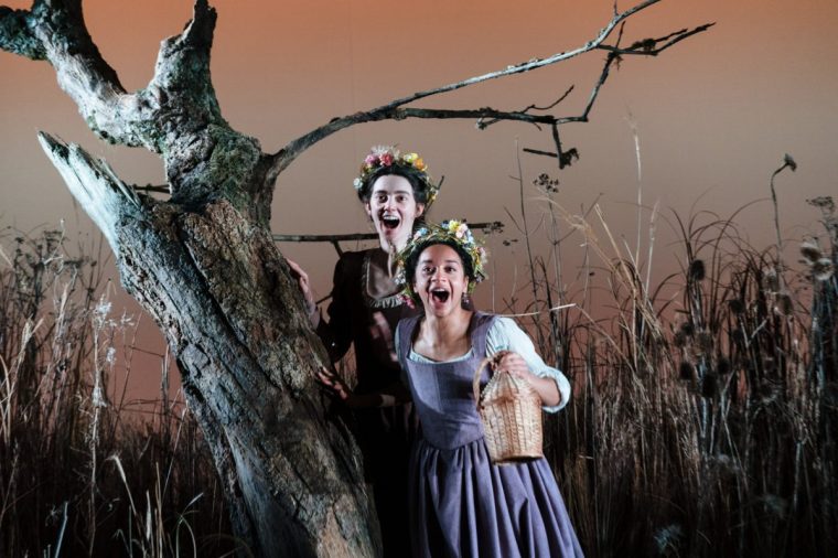 1536 By Ava Pickett ; Production ; Cast: Angus Cooper, Liv Hill, Adam Hugill, Siena Kelly & Tanya Reynolds ; Director: Lyndsey Turner ; Designer: Max Jones ; Lighting Designer: Jack Knowles ; Lighting Design Concept Collaborator: Tim Lutkin ; Sound Designer: Tingying Dong ; Composer and Arranger: Will Stuart ; Movement and Intimacy Director: Anna Morrissey ; Casting Director: Amy Ball CDG ; Fight Director: Sam Lyon-Behan ; Dialect Coach: Edda Sharpe ; Costume Supervisor: Sabia Smith ; Assistant Director: Taiwo Ava Oyebola ; Almeida Theatre ; London, UK ; 6 May 2025 ; Credit and copyright: Helen Murray ; www.helenmurrayphotos.com Provided by zinnes@almeida.co.uk