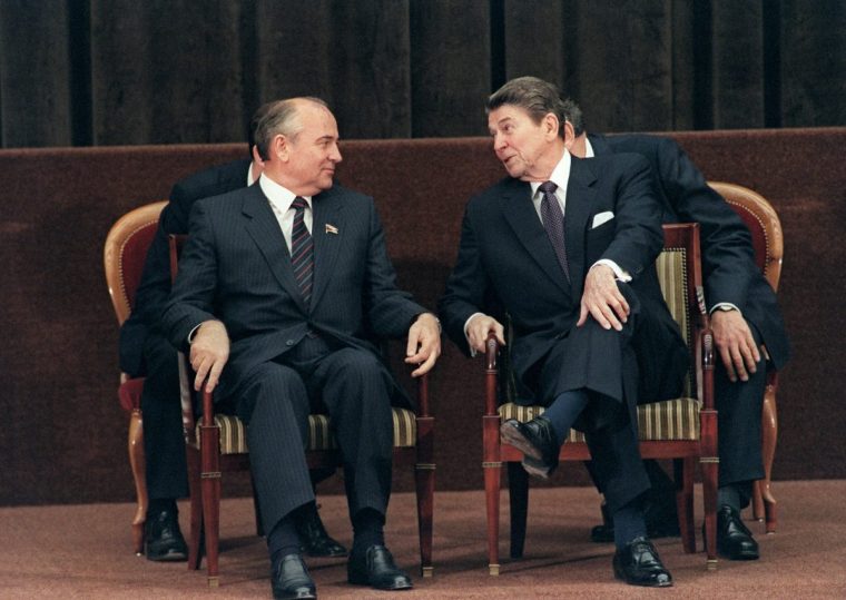 (FILES) In this file photo taken on November 21, 1985 US President Ronald Reagan talks to Soviet general secretary of the Communist Party of the Soviet Union Mikhail Gorbachev during a two-day summit in Geneva. - Russian leader Vladimir Putin and US President Joe Biden are to meet in Geneva on June 16, 2021 amid the biggest crisis in ties between their two countries in recent history. (Photo by - / AFP) (Photo by -/AFP via Getty Images)