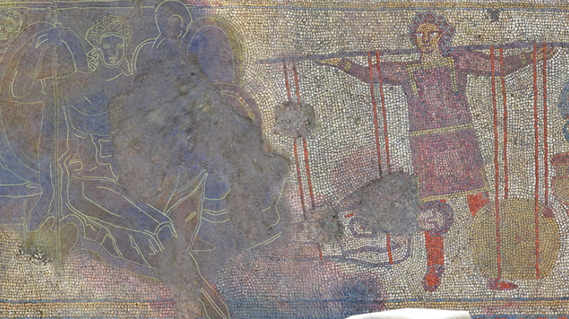 Panel three of the Ketton mosaic deptics King Priam loading a set of scales to match the weight of his son Hector