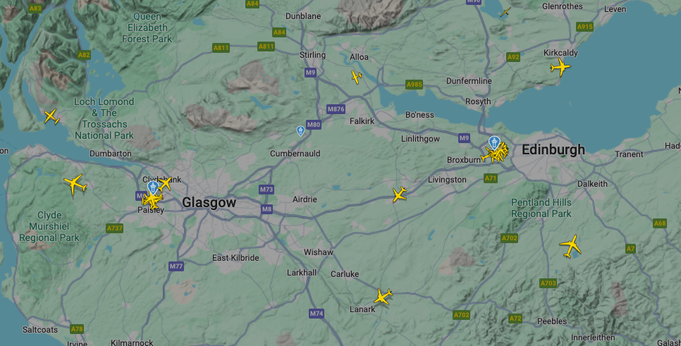 Flight radar shows planes in Glasgow and Edinburgh