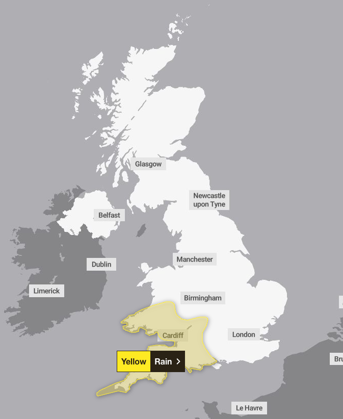 Yellow weather warnings cover the south west on Monday and Tuesday