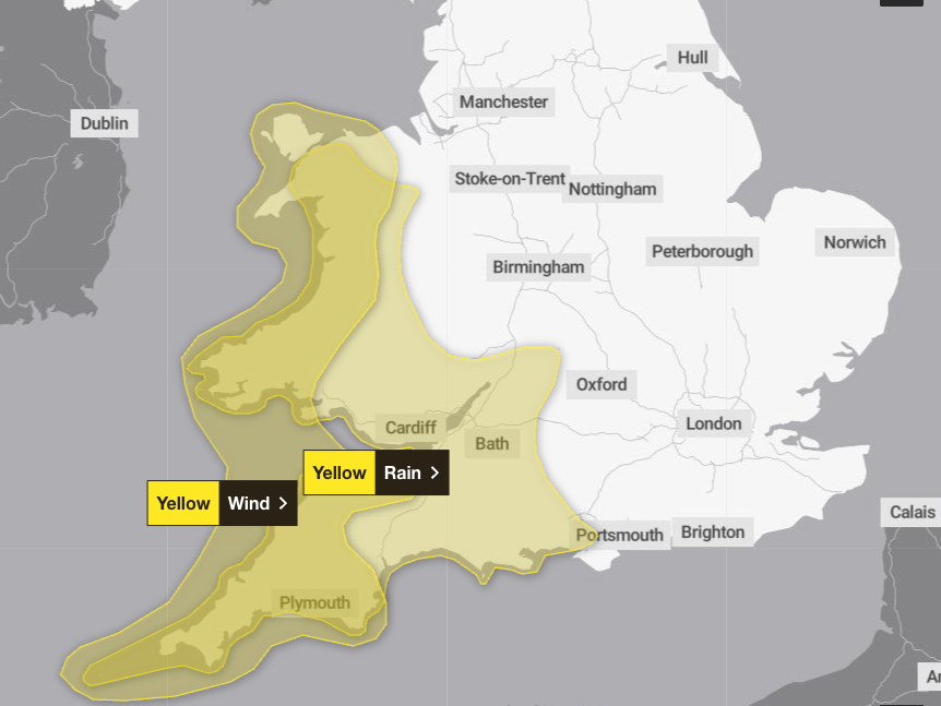 Yellow weather warnings for wind and rain issued across Wales and south-west England from Monday evening