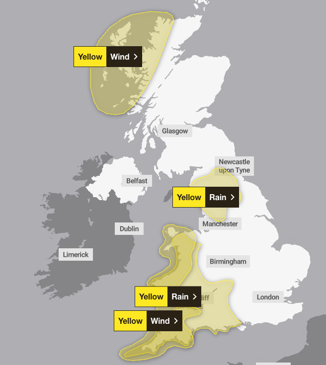 Yellow weather warnings issued in Scotland, north of England, Wales and south-west England on Tuesday