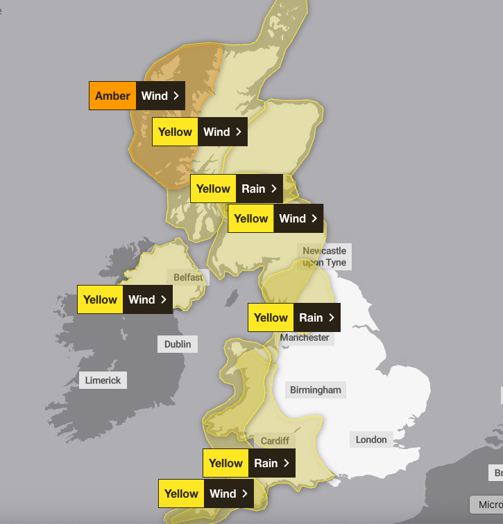 Yellow and amber weather warnings for wind and rain issued by the Met Office on Tuesday