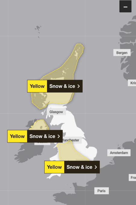 Weather warnings are in place from midnight on Thursday