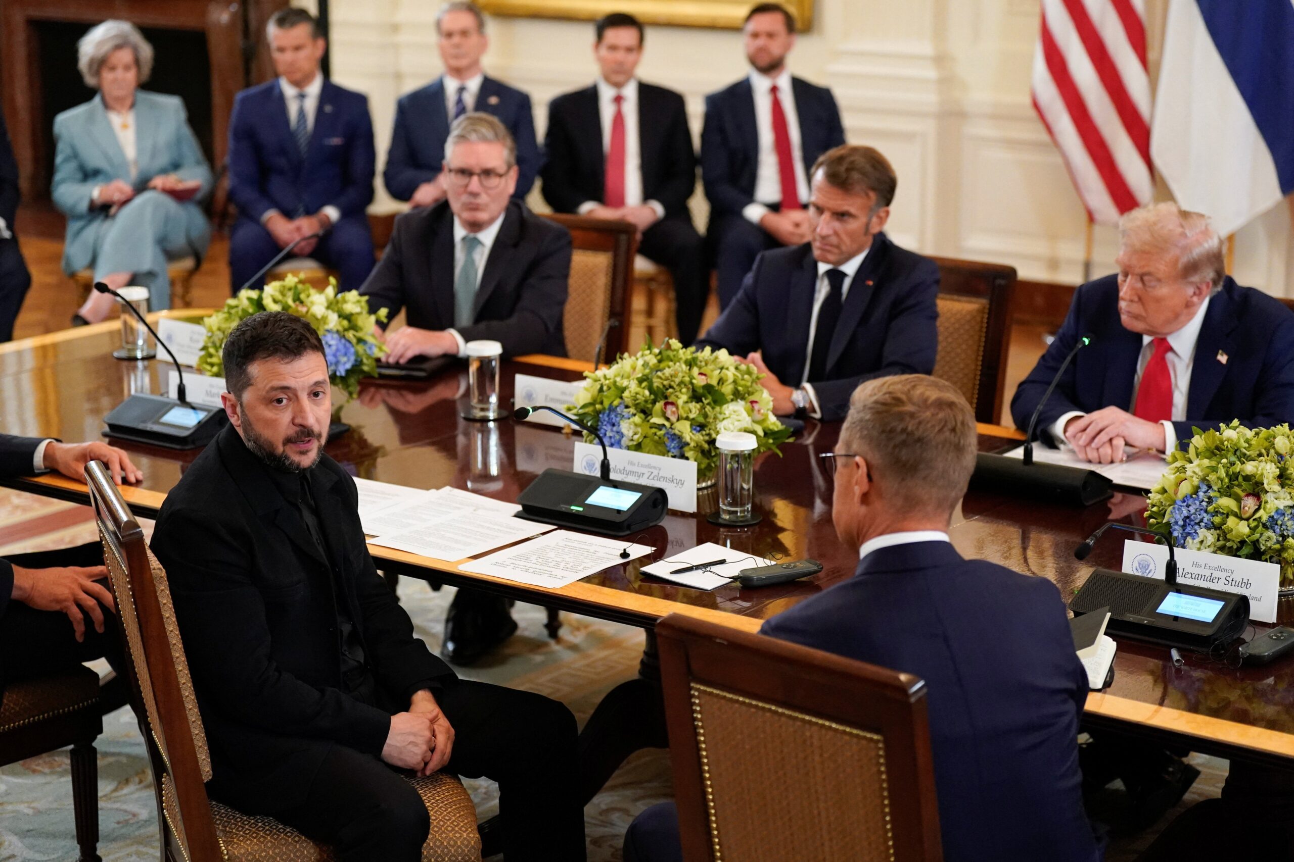Ukrainian president Volodymyr Zelensky speaks during a meeting with US president Donald Trump, French president Emmanuel Macron, British prime minister Keir Starmer, and Finland's president Alexander Stubb amid negotiations to end the Russian war in Ukraine at the White House in Washington, DC.