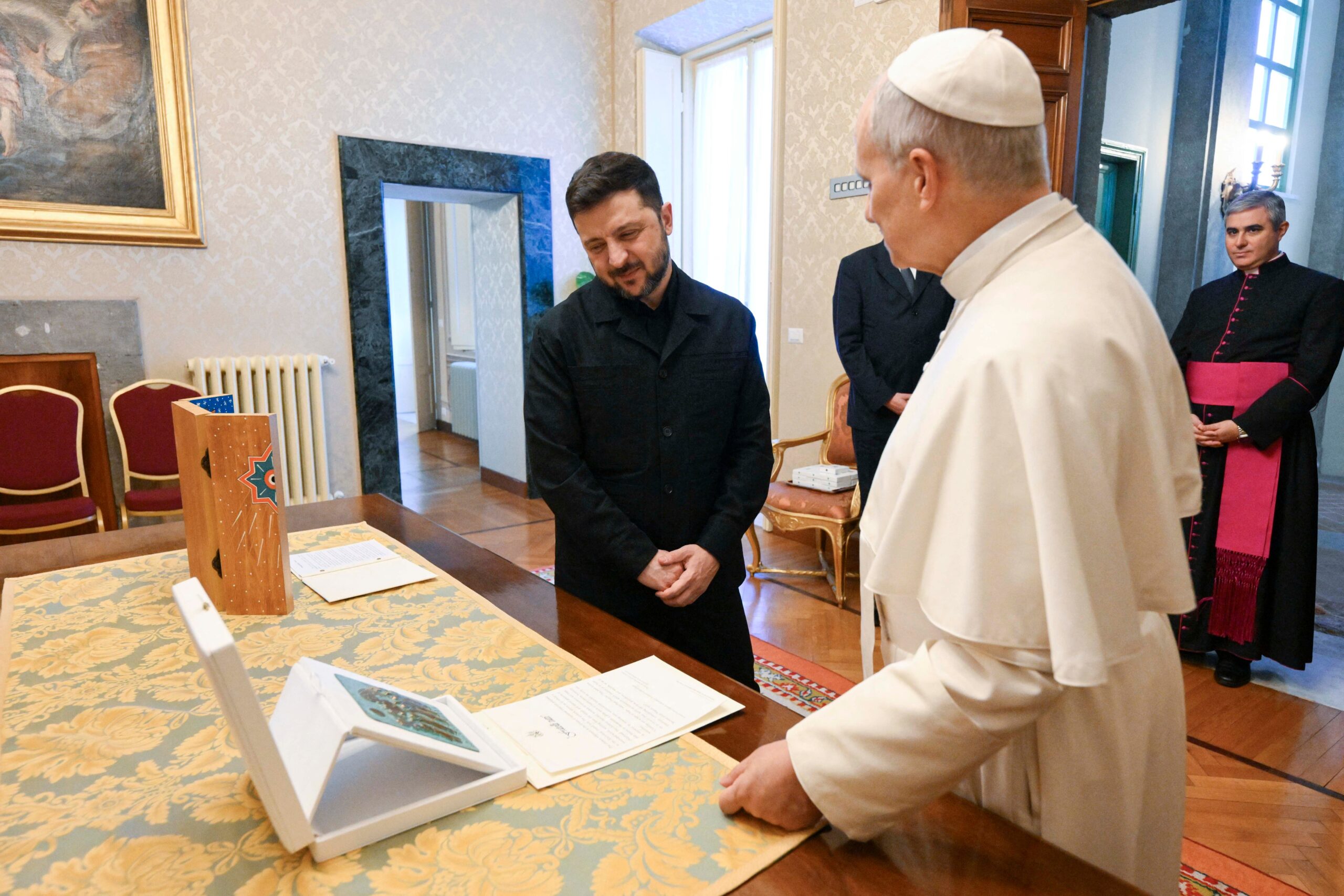 The Vatican Media shows Pope Leo XIV during a meeting with Ukraine's President Volodymyr Zelensky, in Castel Gandolfo