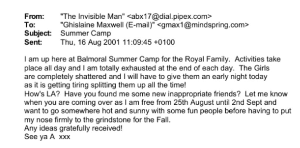 An email sent from ‘The Invisible Man’ to Maxwell from the royal residence in Scotland