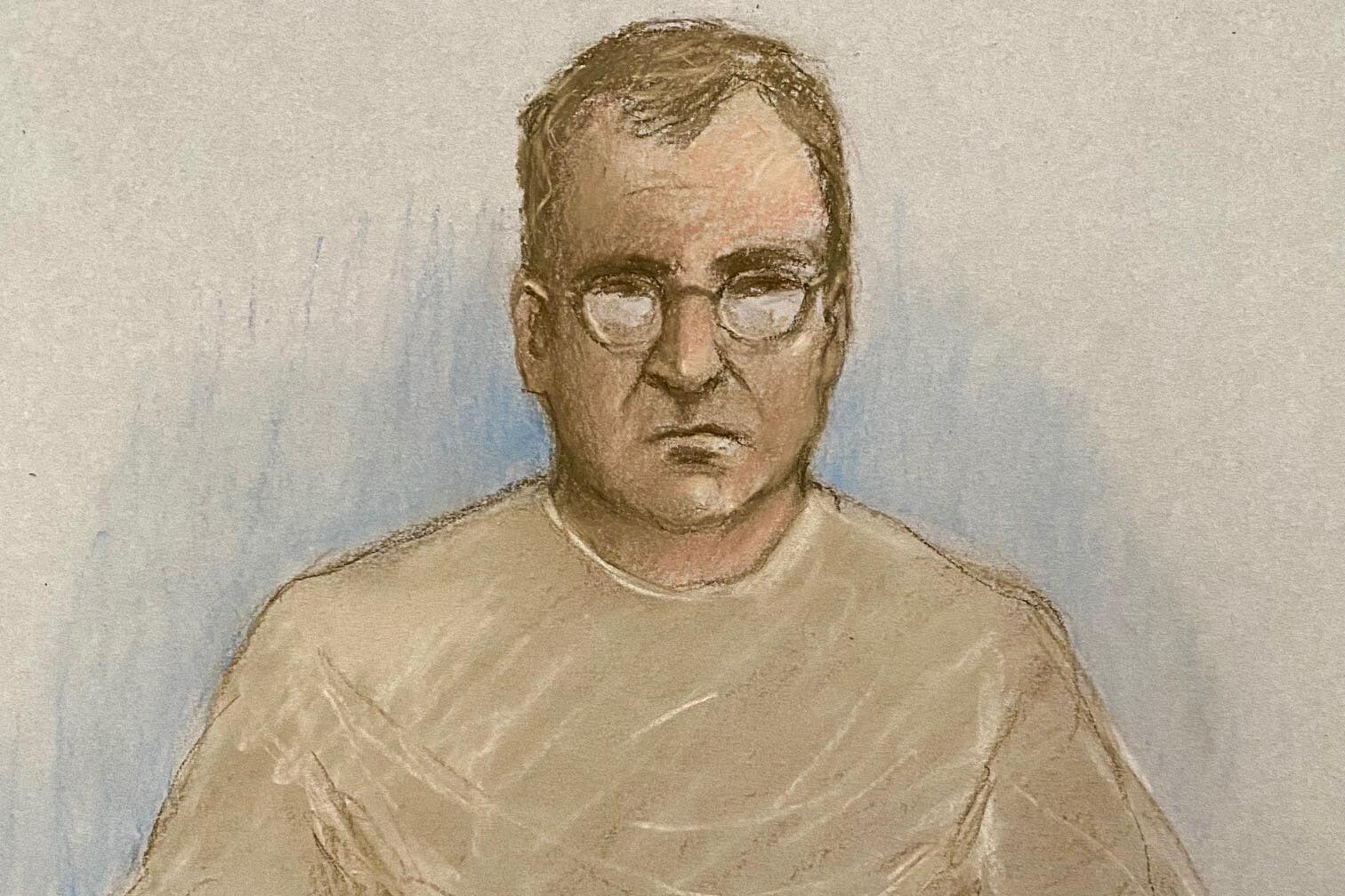 An artist’s impression of captain Vladimir Motin appearing from Hull prison via video link (Elizabeth Cook/PA)