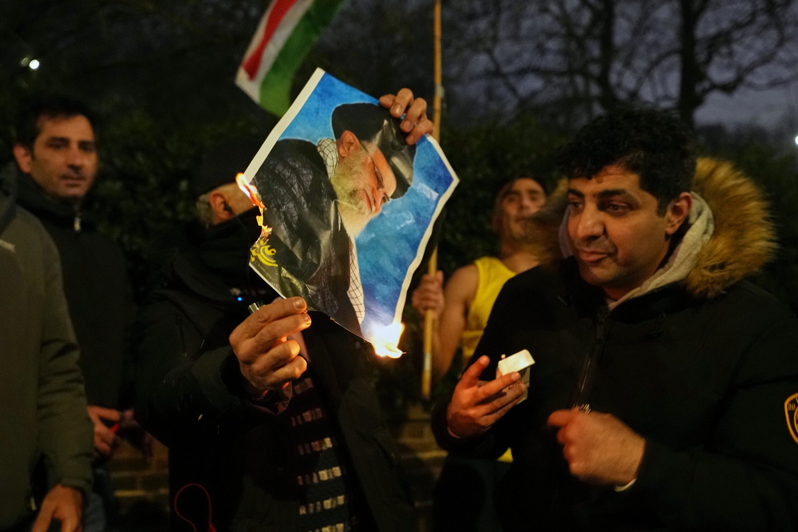 Protests around the Iranian Embassy in Kensington, London, on Monday