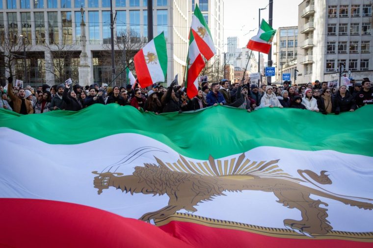 Iranian protesters, such as this group in Manchester, have been rallying behind the lion emblem on the pre-revolutionary flag (Photo: Andy Barton / SOPA Images / LightRocket via Getty)