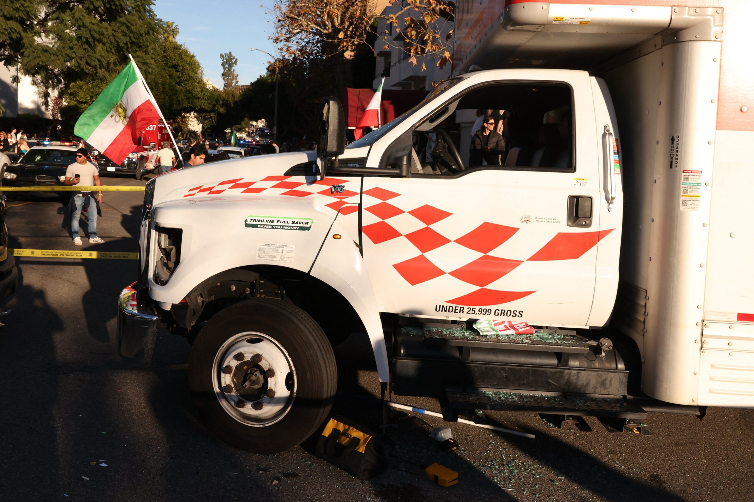 A U-Haul truck that reportedly was driven into a crowd is pictured during a 'Free Iran' rally in Los Angeles, California, on 11 January 2026