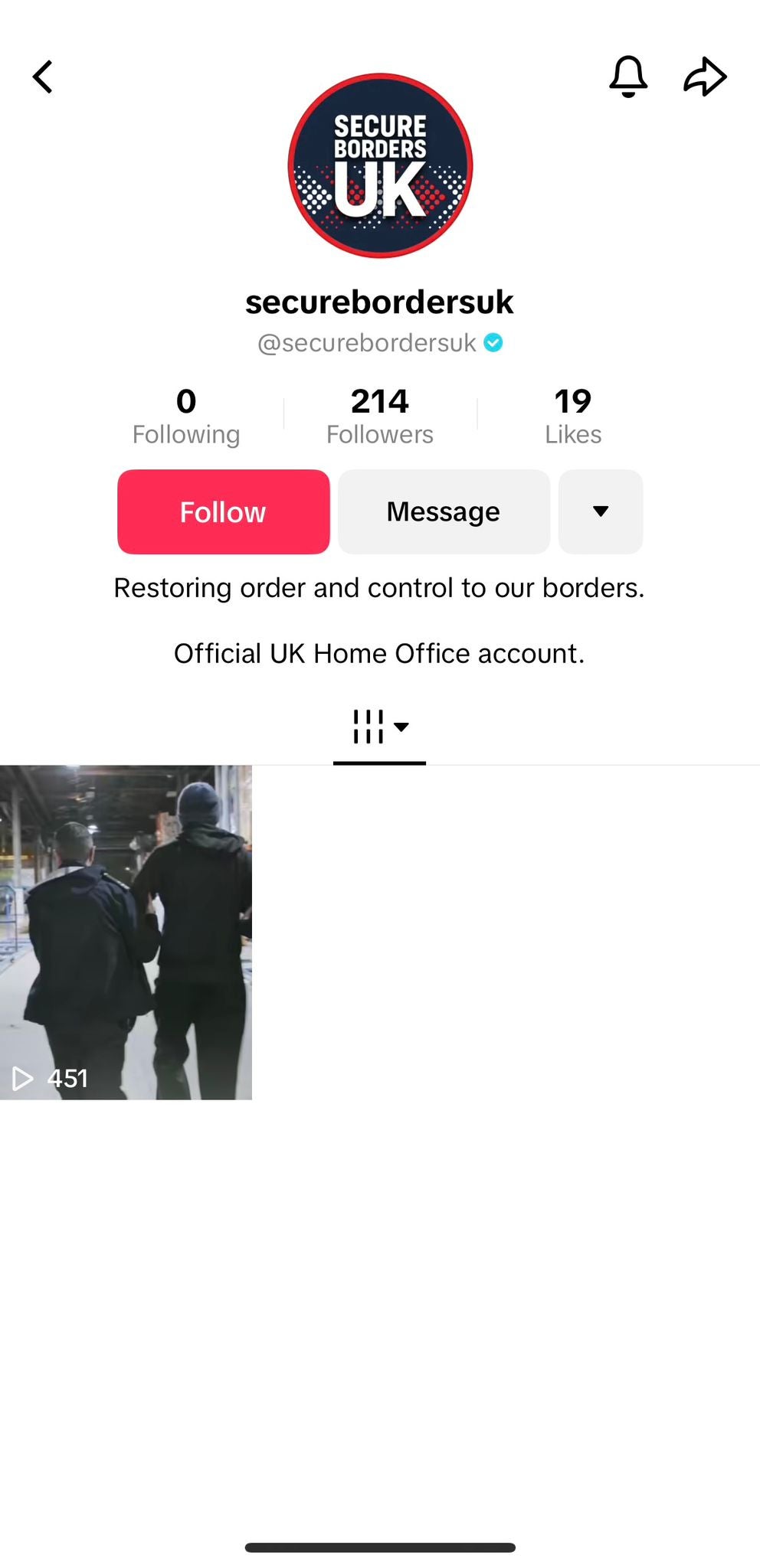 The Secure Borders UK account was launched on Tuesday and has just one video