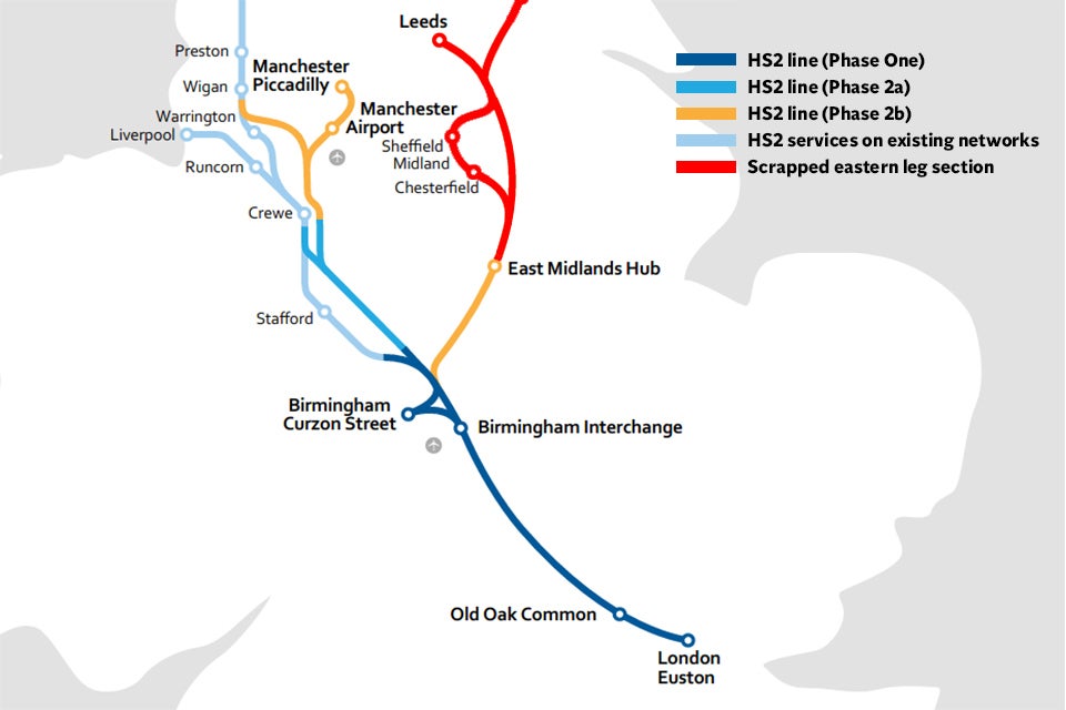 The initial plans for HS2. Only Phase 1 of the line, from Birmingham to London, will now be built